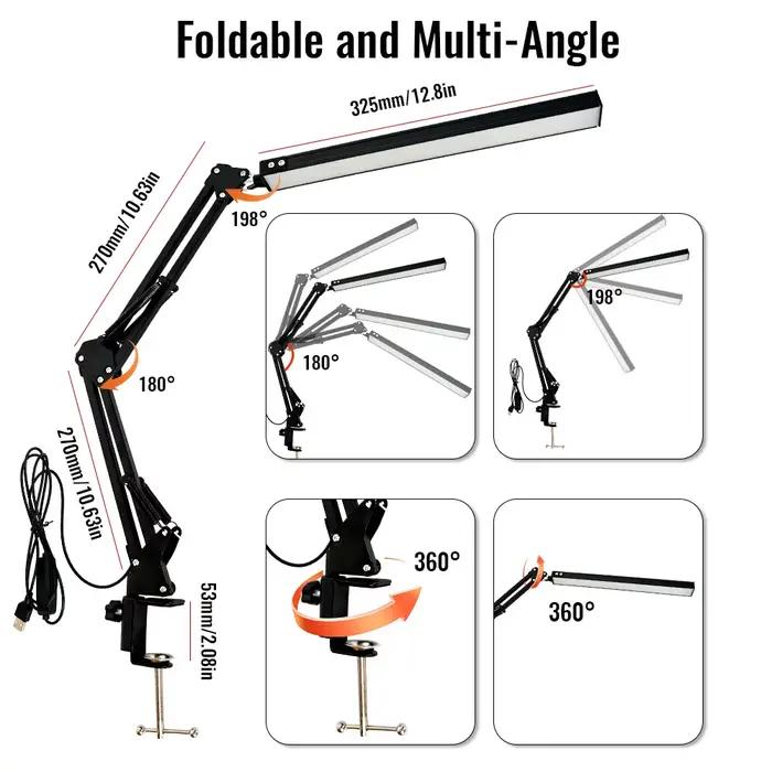 Lampe de bureau LED avec pince, bras articulé réglable 5/10W, 3 modes d'éclairage, 10 niveaux de lum