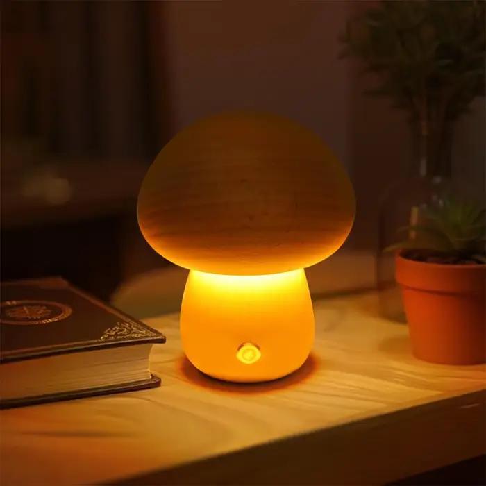 Lampe en forme de champignon en bois, lampes de table portables, sans fil, à piles rechargeables, ve