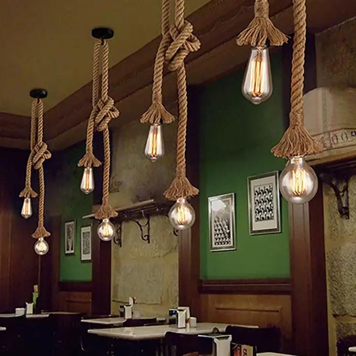 Lampe suspendue d'inspiration vintage américaine avec corde de chanvre, luminaire artisanal parfait 