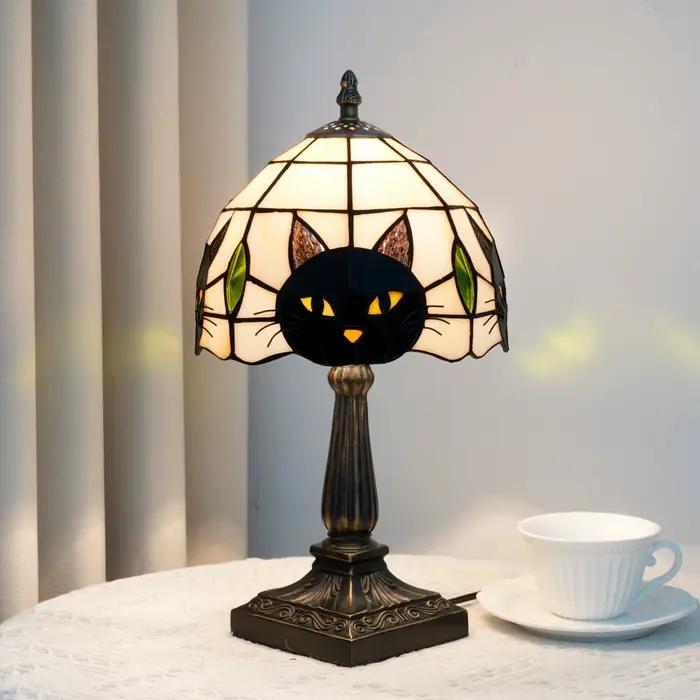 Lampe de table style Tiffany chat noir Halloween, lampe de bureau rétro en verre teinté avec base ca