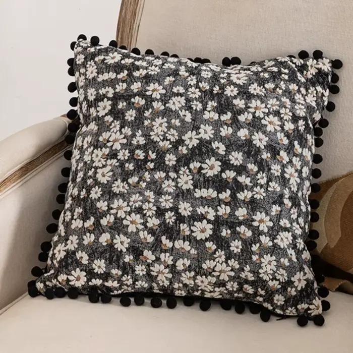 Lot de 2 housses de coussin vintage à motif floral marguerite avec bordure à pompons en chenille, po