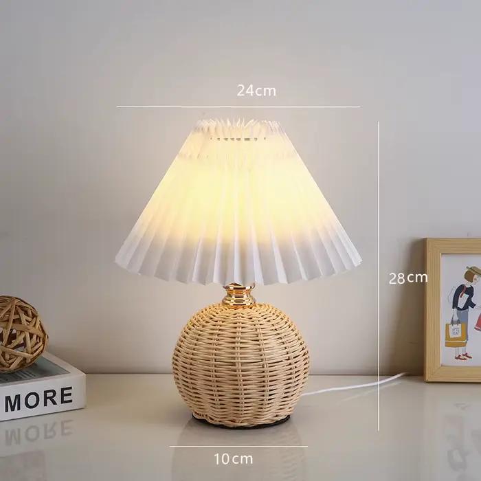 Lampe de Table à Base en rotin tissé à la main, abat-jour parapluie plissé, lampe de chevet Vintage 