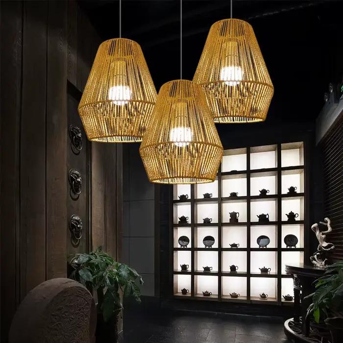 Abat-jour suspendu en rotin tissé pour Restaurant, Bar, chambre à coucher, balcon, lampe suspendue S