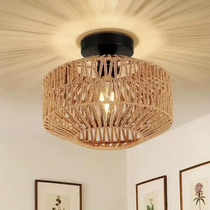 Plafonnier en Rotin Tissé à la Main, Montage Encastré, Luminaire Décoratif de Plafond, Idéal pour un