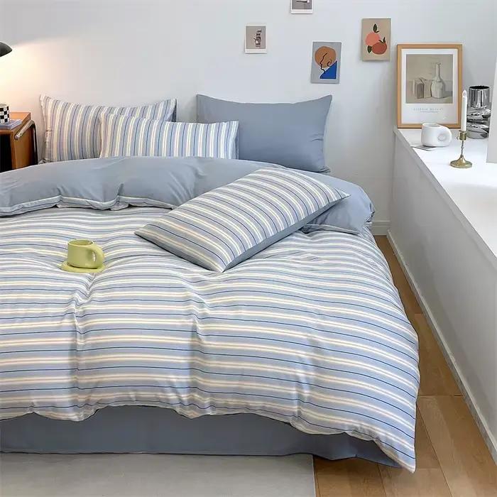 Parure de lit trois pièces confortable de couleur unie, ensemble quatre pièces bleu