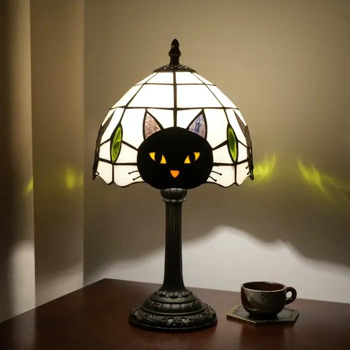 Lampe de bureau chat noir mignon, lampe de table vintage en vitrail avec base animale pour chambre d