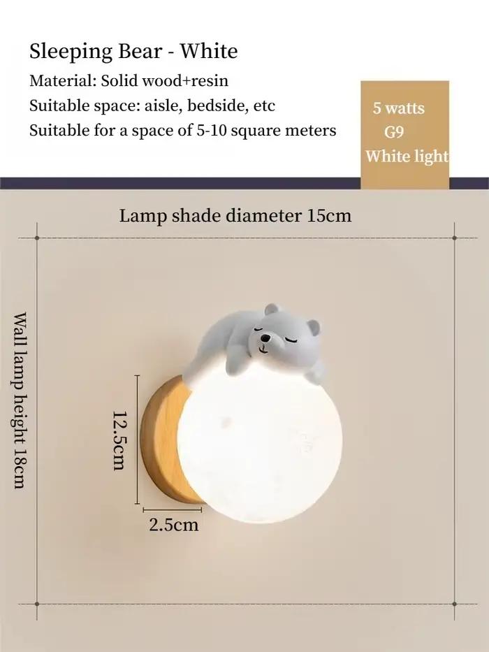 Lampe murale en bois naturel style crème, mignonne lampe de chevet planète animale de dessin animé, 