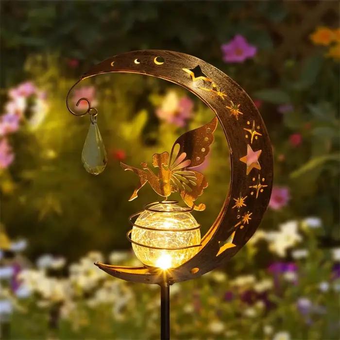 Lampe solaire féerique de lune, jardin extérieur, fleur en fer, lampe d'insertion au sol, lumière dé