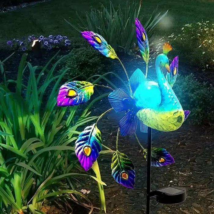Moulin à vent solaire paon en fer, lumière de jardin 3D, colibri, lampe de paysage, ornements d'écla