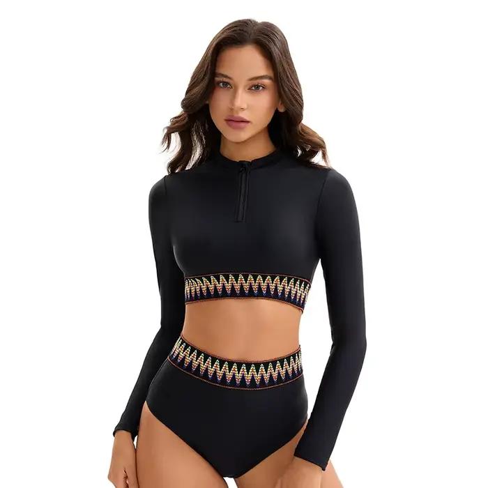 Femmes deux pièces à manches longues maillots de bain taille haute modeste maillot de bain protectio
