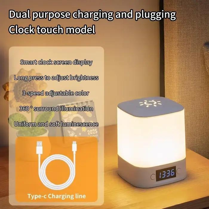 Lampe de chevet Rechargeable, lampe de bureau de lecture avec horloge, affichage de l'heure, lampe d