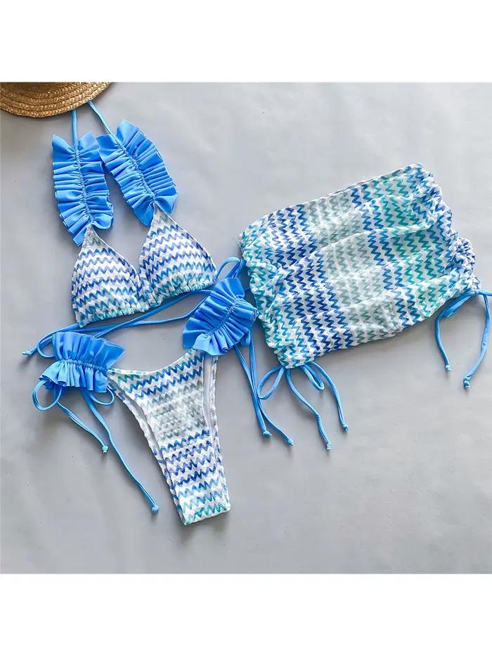 Ensemble Bikini bleu trois pièces avec jupe ondulée à volants, maillot de bain féminin, maillot de bain pour femmes, V5235C