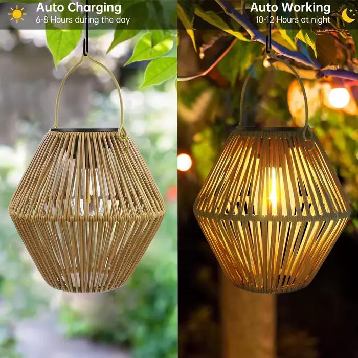 Lanterne Solaire Boho Étanche en Bambou avec Lumière Douce Rose et Orangée pour Décoration Extérieure et Occasions Spéciales