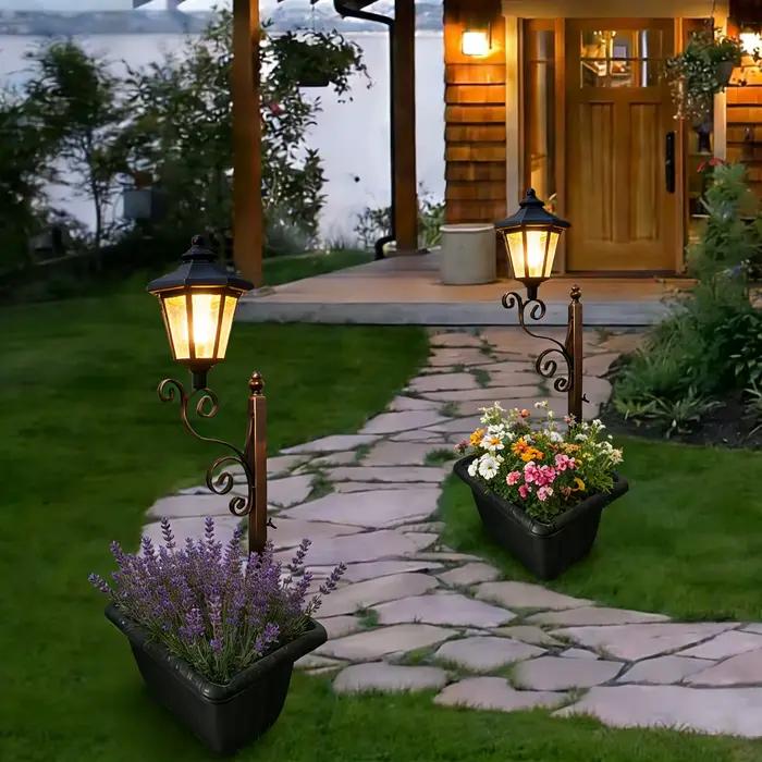 Lampadaire solaire avec jardinière, lampe décorative de jardin, support à fleurs en fer, pot de fleurs, lampe d'ambiance paysagère pour la décoration de la cour et des allées