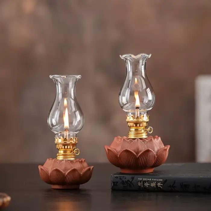 Lampe à huile en céramique vintage avec couvercle en verre - Éclairage d'ambiance pour salon de thé