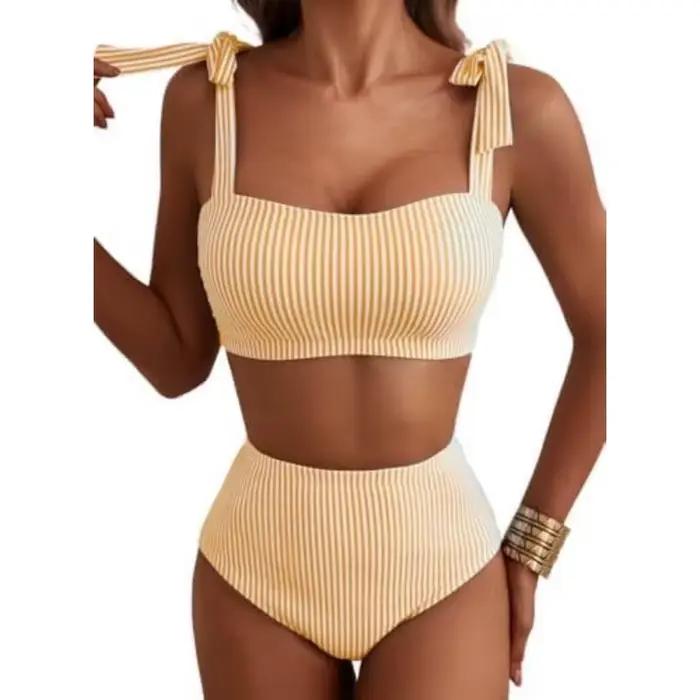 Maillot de bain deux pièces pour femme, style halter, sexy, rayé, à volants, taille haute, ensemble bikini, maillot de bain féminin, bretelles à nouer, tenue de plage