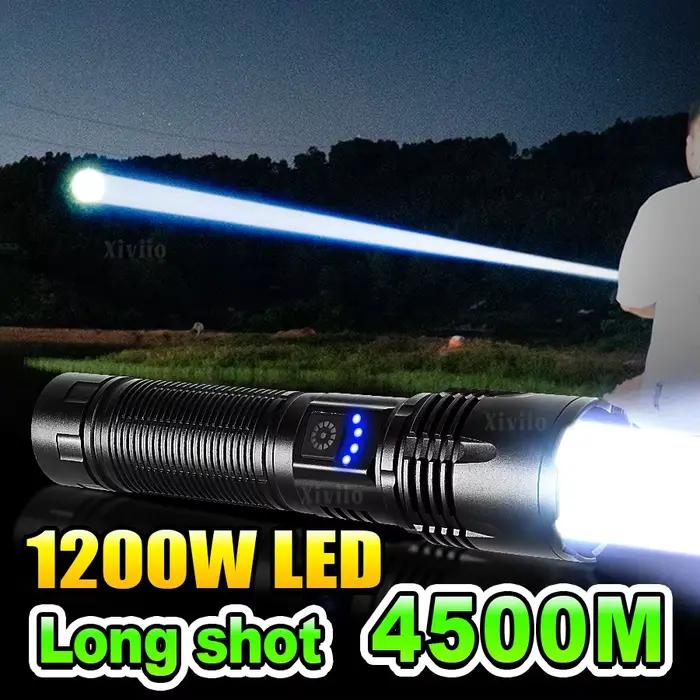 Lampe de poche Ultra puissante 1200W, lumière forte, Rechargeable, lanterne tactique, longue portée, Camping, randonnée, torche haute puissance