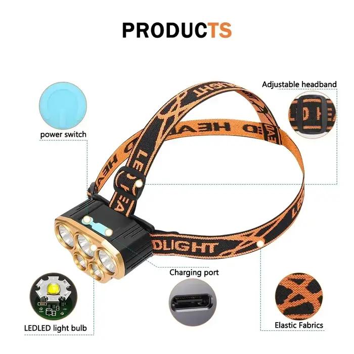 Lampe frontale puissante à 5 LED, rechargeable par USB, lampe frontale de pêche, lampe torche étanche, lampe de chasse, de camping, de course à pied, de randonnée
