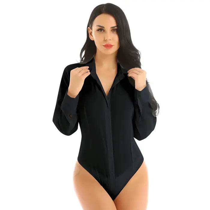 Body une pièce pour femmes, chemise basique, manches longues, col rabattu, couleur unie, combinaison, sous-vêtements, pyjama féminin, vêtements décontractés