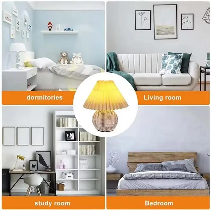 Lampe de table rétro en rotin avec abat-jour en tissu plissé – Veilleuse de chevet alimentée par USB pour chambre à