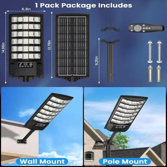 Réverbères solaires extérieurs étanches puissants avec capteur de mouvement lumière de stationnement pour sécurité et confort美好生活，从这些功能强大的带运动传感器的太阳能路灯开始，为您的安全和舒适增添一份保障。