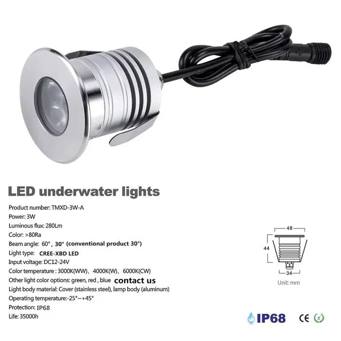 Lampe LED submersible 3W pour piscine, étanche IP68, DC12/24V, pour jardin, étang, encastrable, découpe 35mm