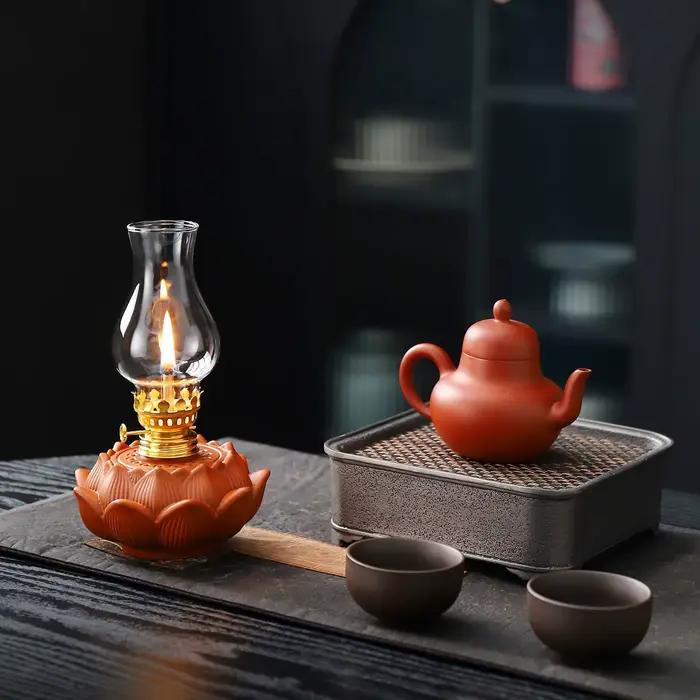 Lampe à huile en céramique vintage avec couvercle en verre - Éclairage d'ambiance pour salon de thé