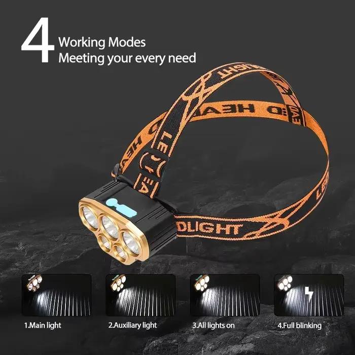 Lampe frontale puissante à 5 LED, rechargeable par USB, lampe frontale de pêche, lampe torche étanche, lampe de chasse, de camping, de course à pied, de randonnée