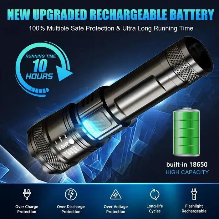 Lampe de poche Super lumineuse LED Rechargeable par USB, torche tactique longue portée, étanche, lanterne d'urgence pour Camping et pêche