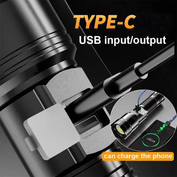 Lampe de Poche Super Lumineuse, Rechargeable par USB, Longue Portée, Torche DulTorch, Lanterne Étanche pour le Camping et la Pêche en Plein Air, 1600000 LM