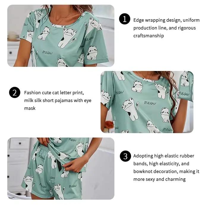 Ensemble de pyjamas à manches courtes pour femmes, haut et pantalon, vêtements de nuit, vêtements de détente, pyjamas à imprimé dessin animé, vêtements de nuit, pyjamas, 2 pièces