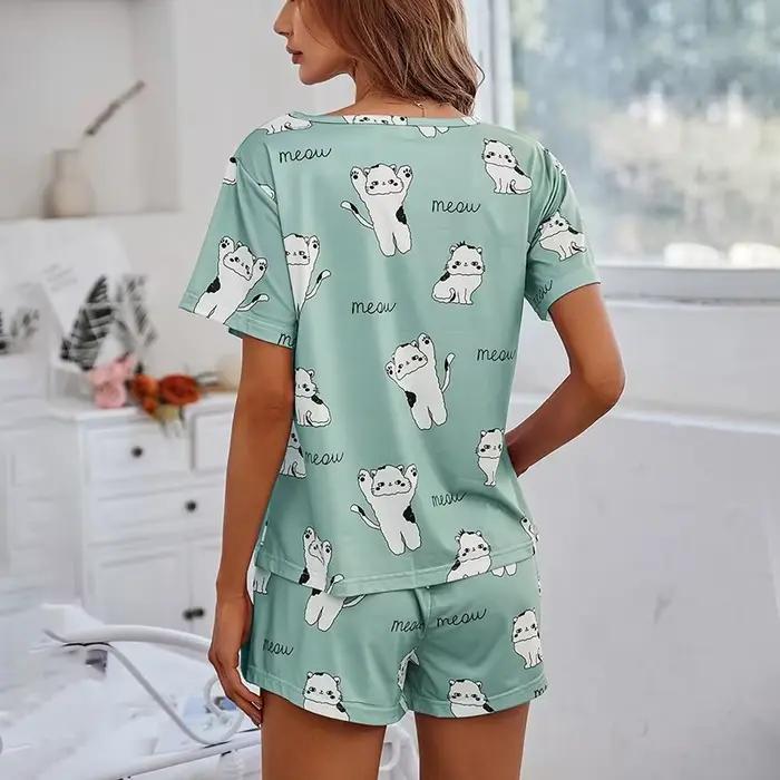 Ensemble de pyjamas à manches courtes pour femmes, haut et pantalon, vêtements de nuit, vêtements de détente, pyjamas à imprimé dessin animé, vêtements de nuit, pyjamas, 2 pièces