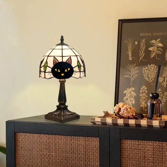 Lampe de table style Tiffany chat noir Halloween