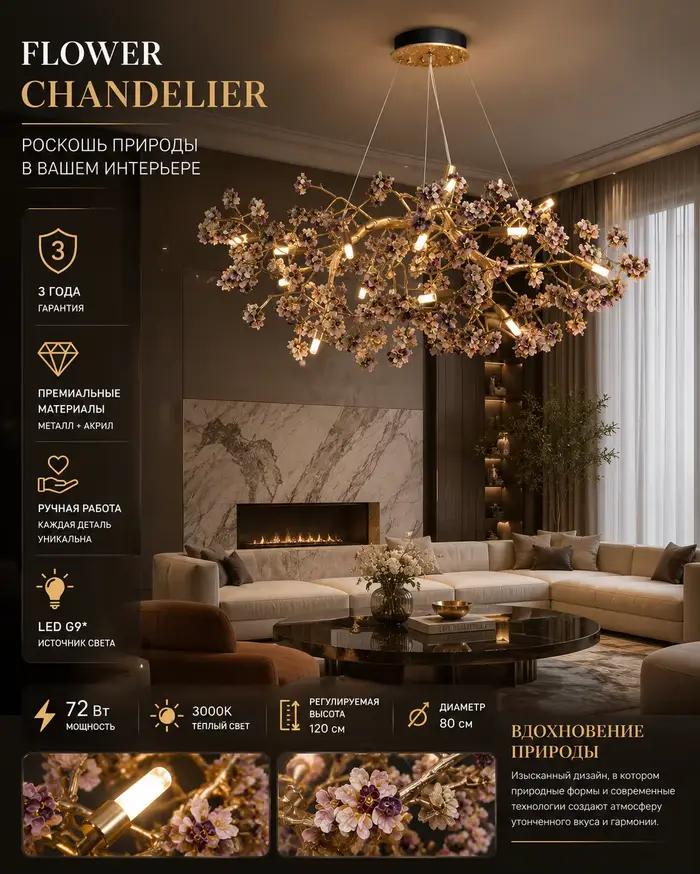 Lustre de luxe en cuivre à motif floral