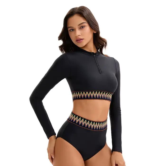 Femmes deux pièces à manches longues maillots de bain taille haute modeste maillot de bain protection solaire Surf costume porter noir maillot de bain