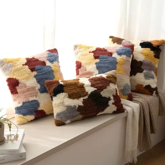Housse de coussin imprimée bloc de couleur en peluche, taie d'oreiller douce pour canapé de maison, 2 pièces