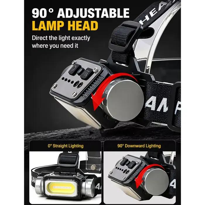 Lampe frontale rechargeable à haute luminosité, lampe de travail détachable, lumière LED en aluminium blanc, jaune et rouge pour la randonnée et le camping