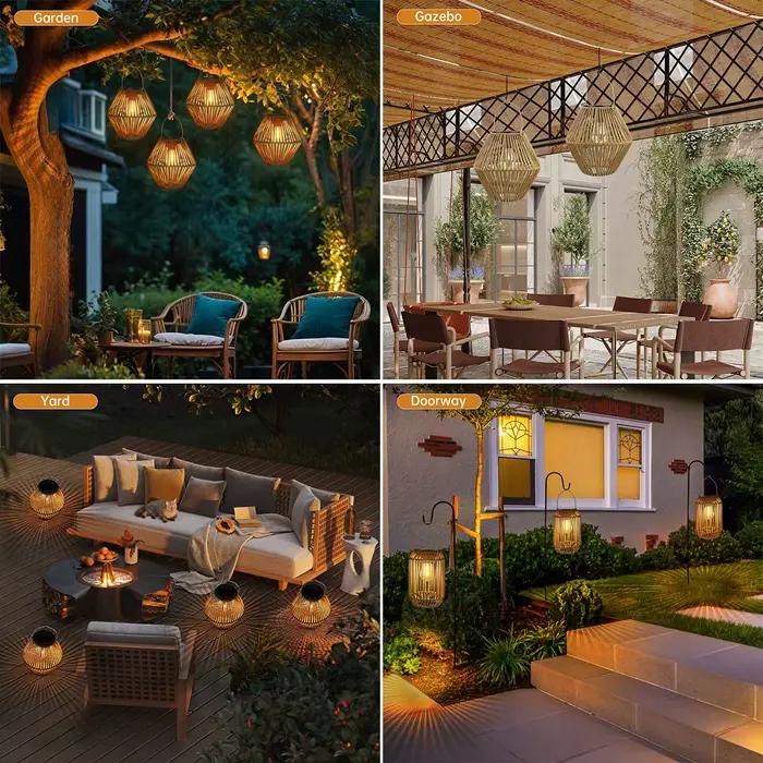 Lanterne Solaire Boho Étanche en Bambou avec Lumière Douce Rose et Orangée pour Décoration Extérieure et Occasions Spéciales