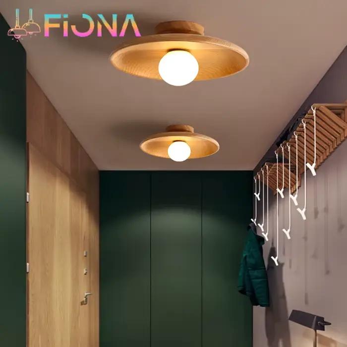 Plafonnier LED en Bois avec Disque Suspendu pour Couloir