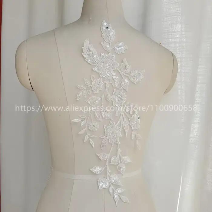 Applique de fleurs miroir en dentelle brodée de perles, accessoires de décoration de robe de mariée, bricolage fait à la main