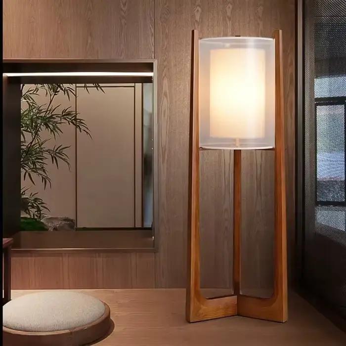 Lampadaire en bois massif Art nordique Simple abat-jour moderne tissu chambre salon décor lecture restaurant