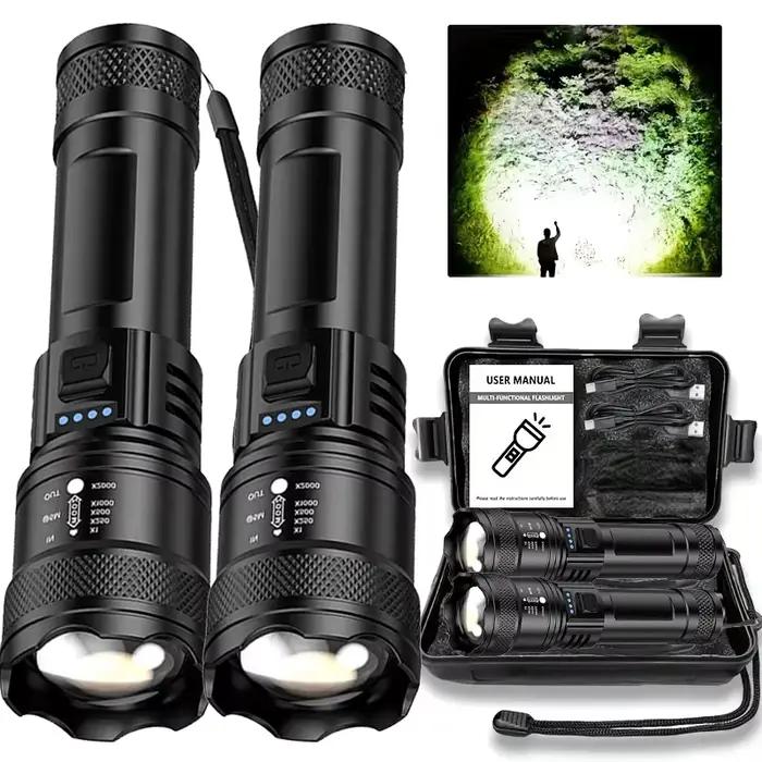 Lampe de poche Super lumineuse LED Rechargeable par USB, torche tactique longue portée, étanche, lanterne d'urgence pour Camping et pêche