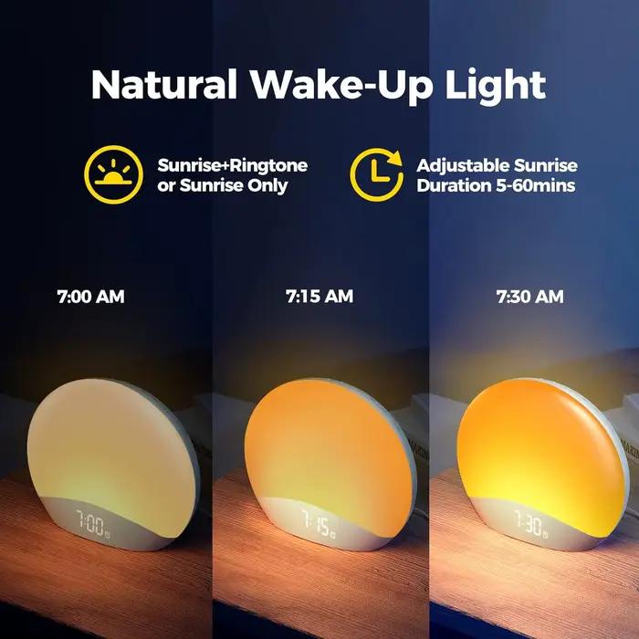 Horloge réveil levé du soleil veilleuse avec 26 sons de sommeil réglables pour chambre à coucher ambiance apaisante horloge numérique pastorale
