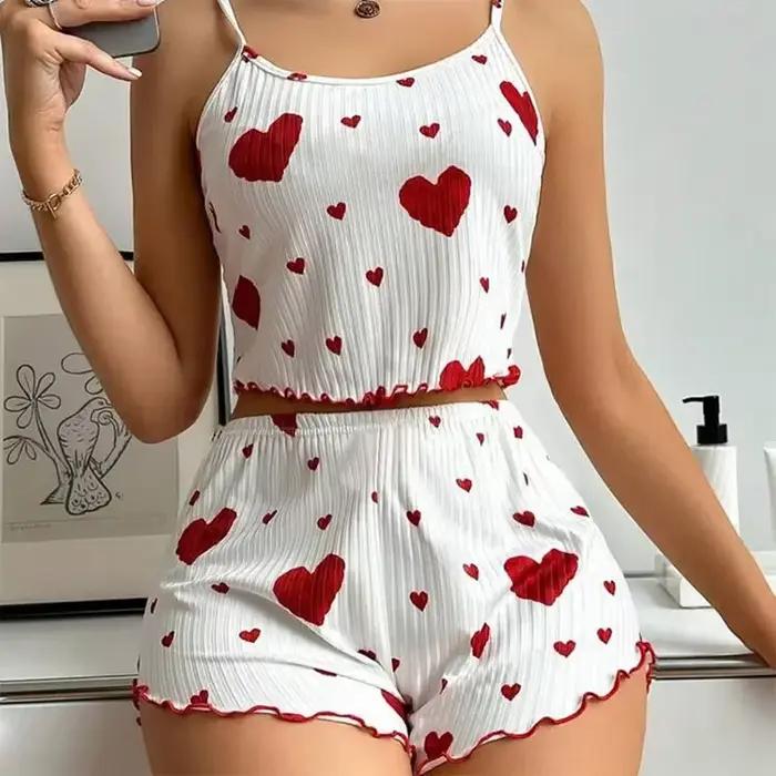 Ensemble pyjama 2 pièces pour femme – Débardeur et short de nuit doux et respirants, imprimé Love, S-M-L, blanc