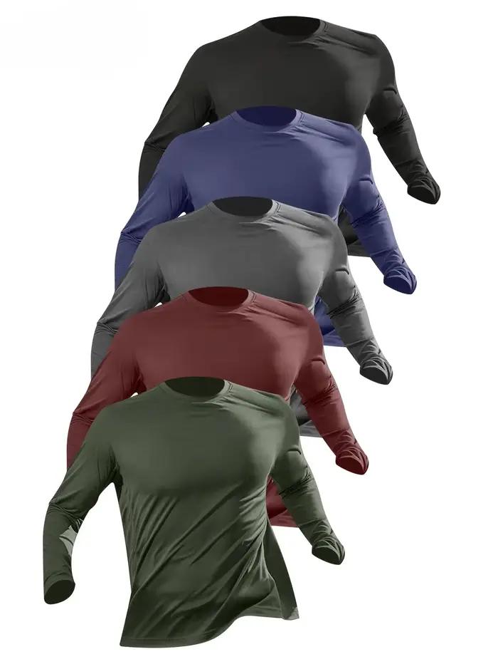 T-shirt 5 pièces à manches longues et col rond pour hommes, couleur unie, design polyvalent, confortable et à la mode