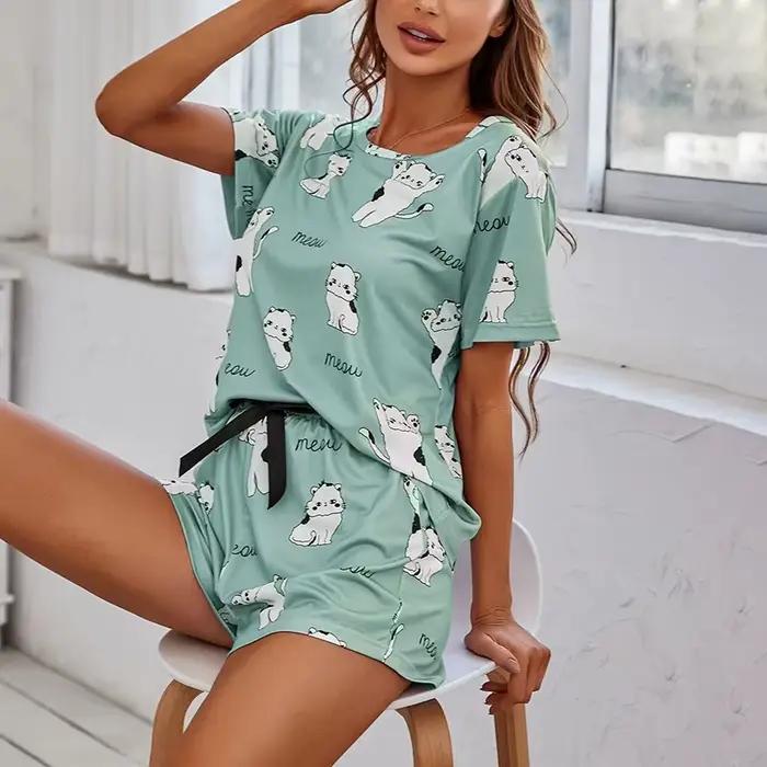 Ensemble de pyjamas à manches courtes pour femmes, haut et pantalon, vêtements de nuit, vêtements de détente, pyjamas à imprimé dessin animé, vêtements de nuit, pyjamas, 2 pièces