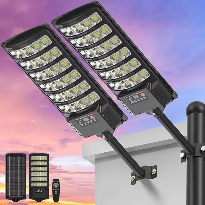 Lampadaire solaire avec support sur poteau, LED extérieur crépuscule-aube 300000LM IP65 étanche, modes réglables, pour jardin, parking