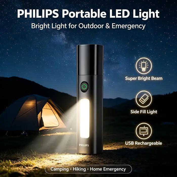 Lampe de poche Philips, haute luminosité, fonction d'éclairage latéral, facile à transporter, très adaptée aux situations d'urgence à la maison/en camping