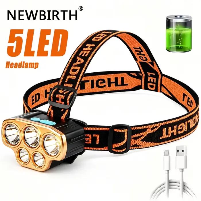 Lampe frontale puissante à 5 LED, rechargeable par USB, lampe frontale de pêche, lampe torche étanche, lampe de chasse, de camping, de course à pied, de randonnée
