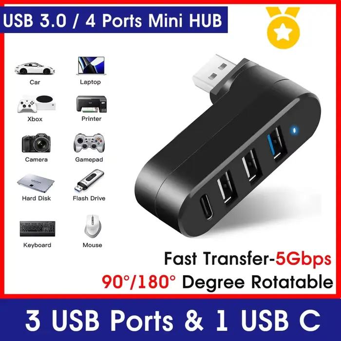 Mini Hub USB 3.0 à 4 Ports, Boîtier Rotatif, Transfert de Données USB, Extension Multiple pour Ordinateur Portable, MacBook, Accessoires PC